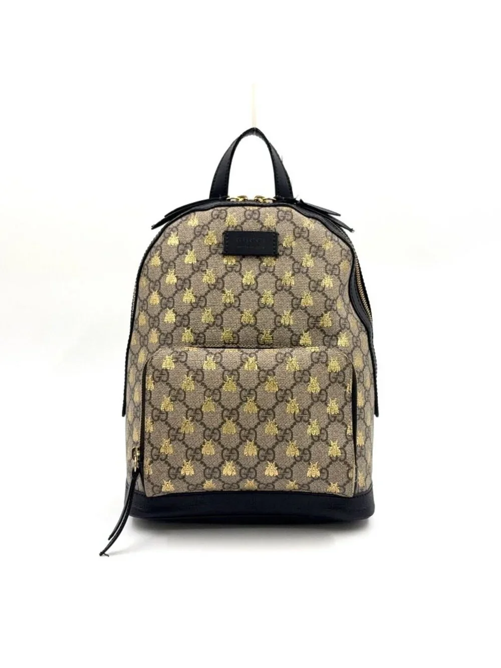 Gucci GG Supreme Beige Leather Black Backpack Gold